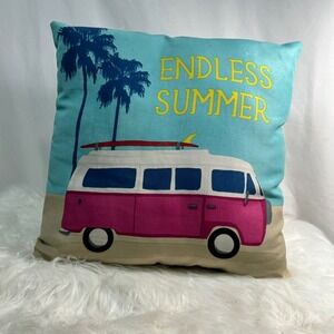 Square Throw Pillow Endless Summer Beach Van Palm Trees Blue Accent